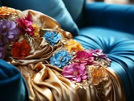 Handcrafted luxurious fabrics, pink, blue, and gold velvet luxury designs generative ai photo