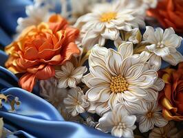 Close-up shot of an artisan silk handkerchief with flowers generative ai photo