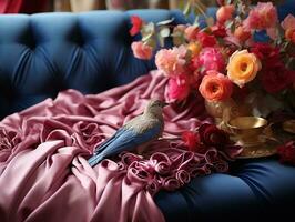 Handcrafted luxurious fabrics, pink, blue, and gold velvet luxury designs generative ai photo