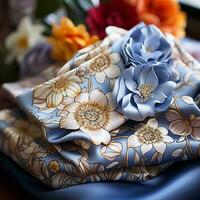 Close-up shot of an artisan silk handkerchief with flowers generative ai photo