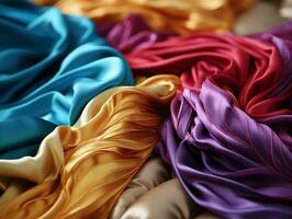 Handcrafted luxurious fabrics, pink, blue, and gold velvet luxury designs generative ai photo