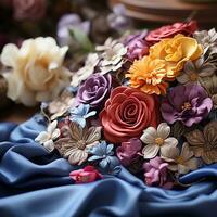 Close-up shot of an artisan silk handkerchief with flowers generative ai photo