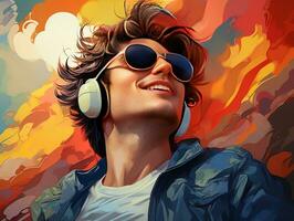 Pop art retro style young man wearing headphones and sunglasses on a colorful Vibrant  background generative ai photo