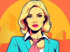 Colorful pop art retro style pretty blonde young business woman generative ai photo