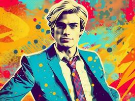 Colorful pop art retro style young business man generative ai photo