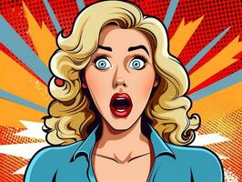 Colorful pop art retro comic style young woman with wow reaction generative ai photo