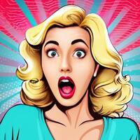 Colorful pop art retro comic style young woman with wow reaction generative ai photo