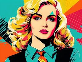 Colorful pop art retro style pretty blonde young business woman generative ai photo