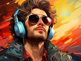 Pop art retro style young man wearing headphones and sunglasses on a colorful Vibrant  background generative ai photo