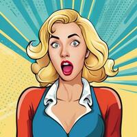 Colorful pop art retro comic style young woman with wow reaction generative ai photo