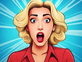 Colorful pop art retro comic style young woman with wow reaction generative ai photo