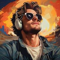 Pop art retro style young man wearing headphones and sunglasses on a colorful Vibrant  background generative ai photo