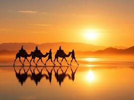 Camels silhouette on the salt lake at sunrise generative ai photo