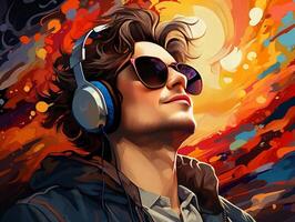 Pop art retro style young man wearing headphones and sunglasses on a colorful Vibrant  background generative ai photo