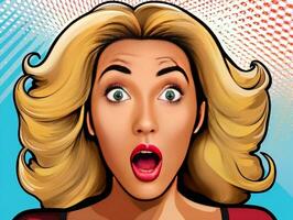 Colorful pop art retro comic style young woman with wow reaction generative ai photo