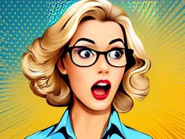 Colorful pop art retro comic style young woman with wow reaction generative ai photo