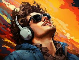 Pop art retro style young man wearing headphones and sunglasses on a colorful Vibrant  background generative ai photo