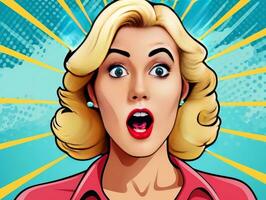 Colorful pop art retro comic style young woman with wow reaction generative ai photo