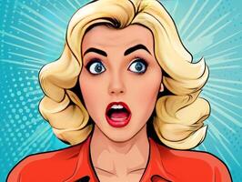 Colorful pop art retro comic style young woman with wow reaction generative ai photo