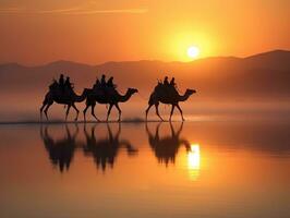 Camels silhouette on the salt lake at sunrise generative ai photo
