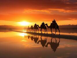 Camels silhouette on the salt lake at sunrise generative ai photo