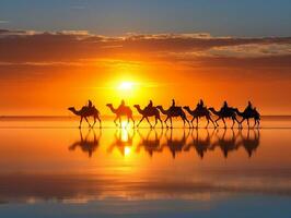 Camels silhouette on the salt lake at sunrise generative ai photo