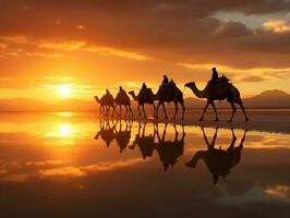 Camels silhouette on the salt lake at sunrise generative ai photo