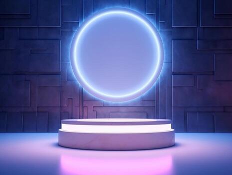 Beautiful futuristic modern podium with textured white wall and neon backlight generative ai photo