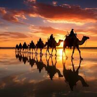 Camels silhouette on the salt lake at sunrise generative ai photo