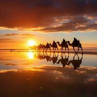 Camels silhouette on the salt lake at sunrise generative ai photo
