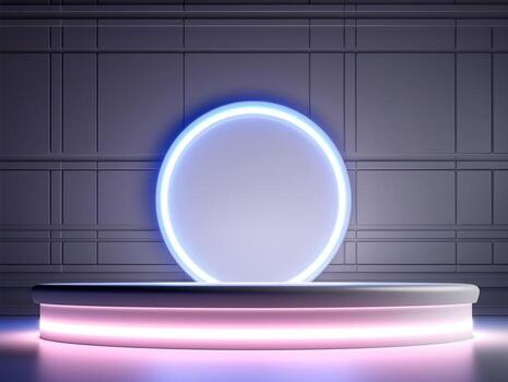 Beautiful futuristic modern podium with textured white wall and neon backlight generative ai photo