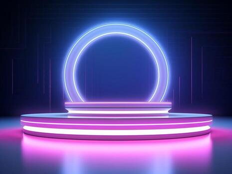 Beautiful futuristic modern podium with textured white wall and neon backlight generative ai photo
