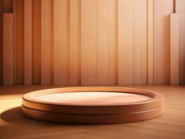 Round wooden podium with beautiful backlighting generative ai photo