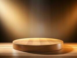 Round wooden podium with beautiful backlighting generative ai photo