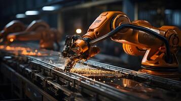 robots trabajando en un transportador cinturón en un industrial fábrica. ai generado foto