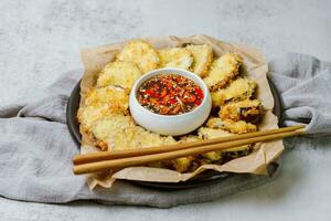 fried eggplant, Flatten the eggplant and dredge in the tempura flour, shaking off any excess. Mix the tempura flour, egg, and water to make a tempura batter. Once the oil is hot, photo