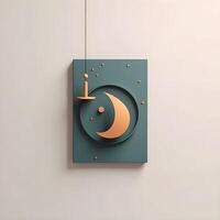 Cute 3D gold crescent, star, podium and little mosque illustration. Eid Mubarak Muslim decoration. AI Generated photo