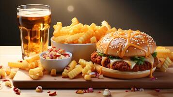 fast food and drinks on a table with a hamburger, fries, chicken, and soda. AI Generated photo