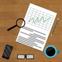Analytics with magnifying glass. Report result infochart and diagram, vector illustration