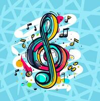 A colorful musical note with a treble clef on a blue background vector