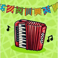 A drawing of a red accordion on a green background with flags and a banner for a party. vector