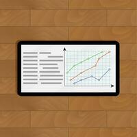 Tablet with curve graphic. Chart and infochart, report and graph, vector illustration