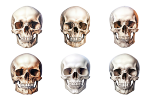 Front view of human skull collection isolated on transparent background. ai generated png