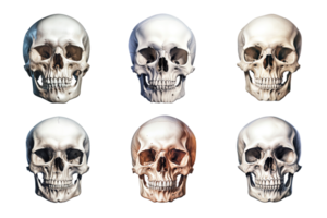 Front view of human skull collection isolated on transparent background. ai generated png