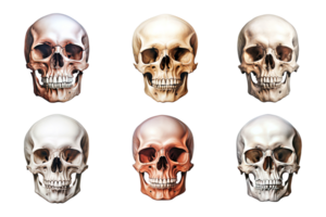 Front view of human skull collection isolated on transparent background. ai generated png