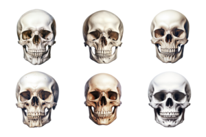 Front view of human skull collection isolated on transparent background. ai generated png