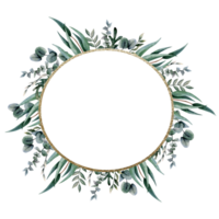 Eucalyptus golden round frame with silver dollar branches and grass. Elegant botanical green watercolor illustration png