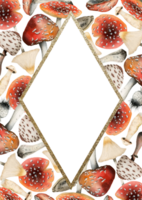 Fly agarics red mushrooms vertical rectangular frame with golden rhombus watercolor illustration. Banner template with copy space png