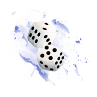 Two rolling white dice cubes on blue watercolor splash illustration for casino gambling, backgammon board games realistic designs png