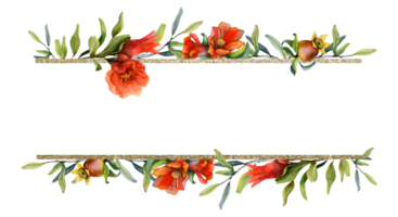 rood granaatappel bloemen feestelijk waterverf rechthoekig kader voor Rosh hashanah groeten of avondeten uitnodiging. hand- getrokken realistisch botanisch horizontaal illustratie met goud lijnen png